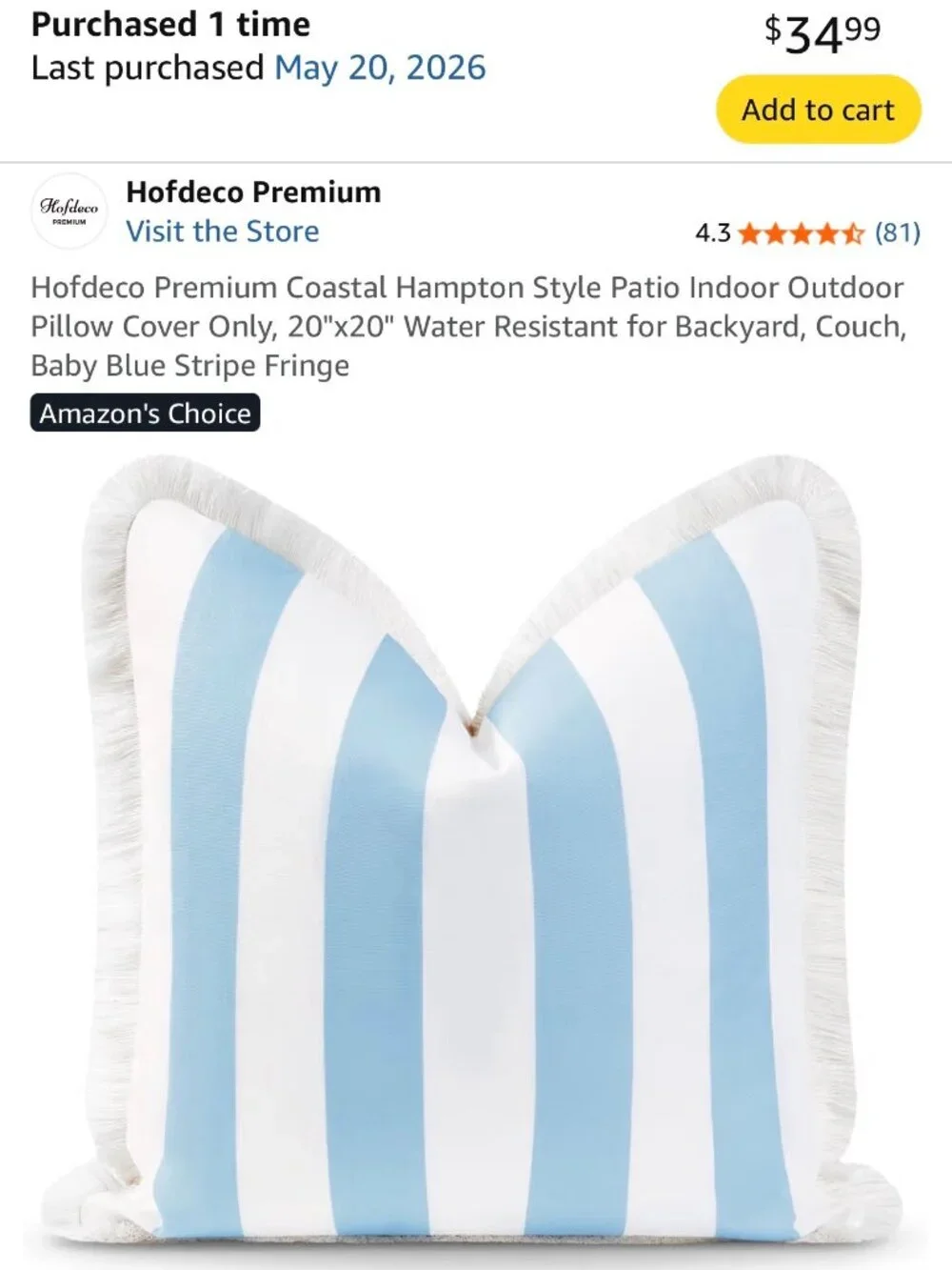 NEW Hofdeco Premium Blue and White Stripe Set of 2 Pillow Covers - Outdoor 20x20